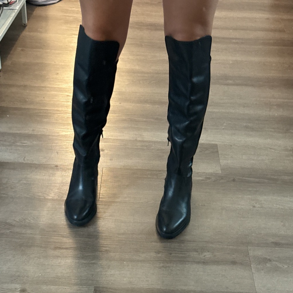 Elegant Black leather suede knee high Women's Boots